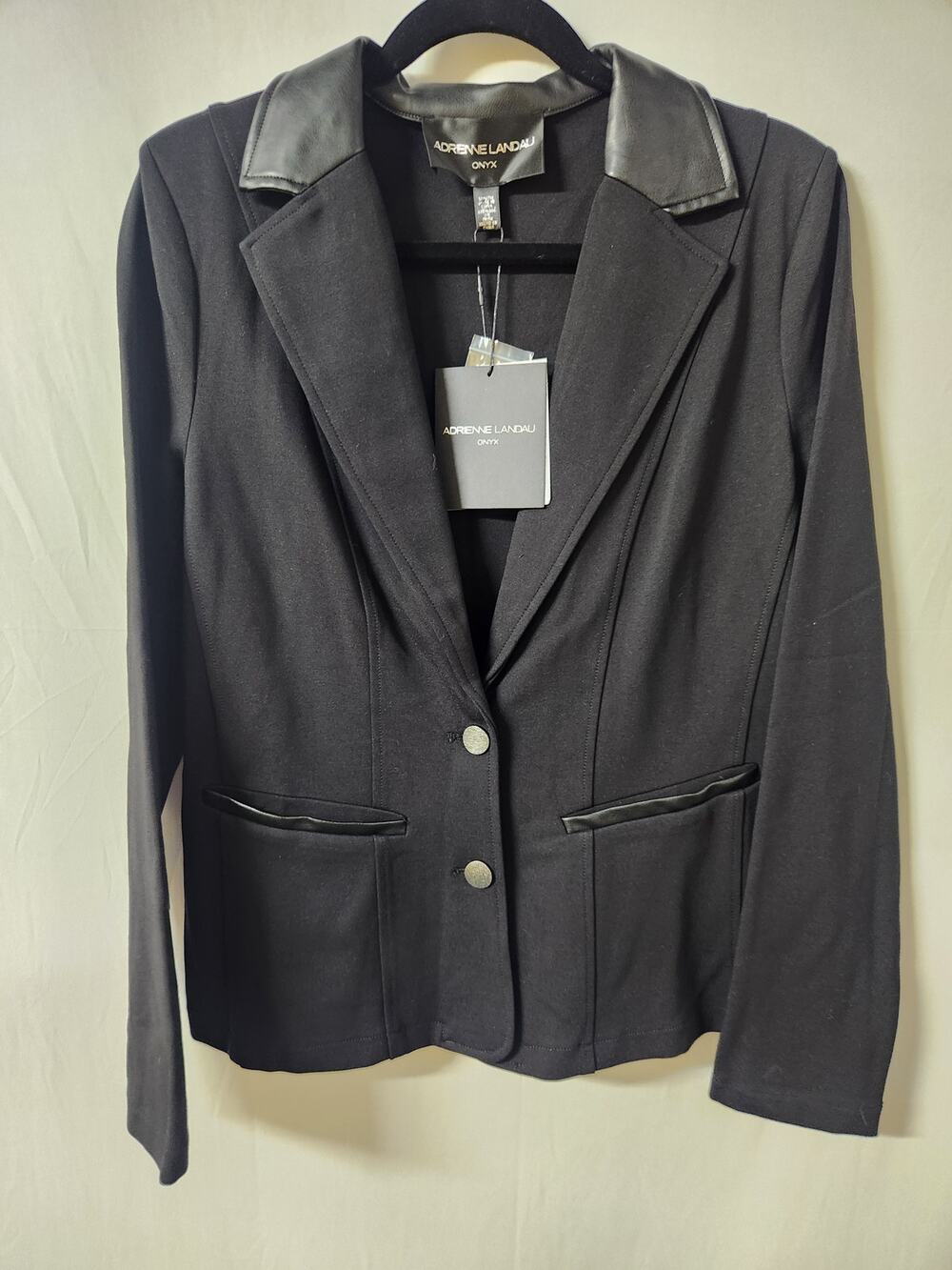 Adrienne Landau Onyx Black Knit Blazer Jacket Faux Leather Trim Open Front M NWT